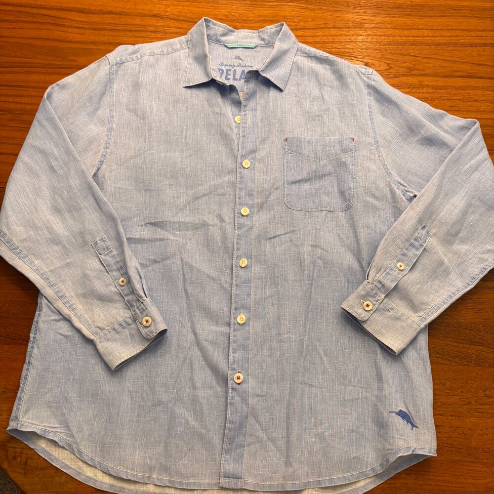 Tommy Bahama Relax Men's Long Sleeve light Blue button down linen shirt sz Large